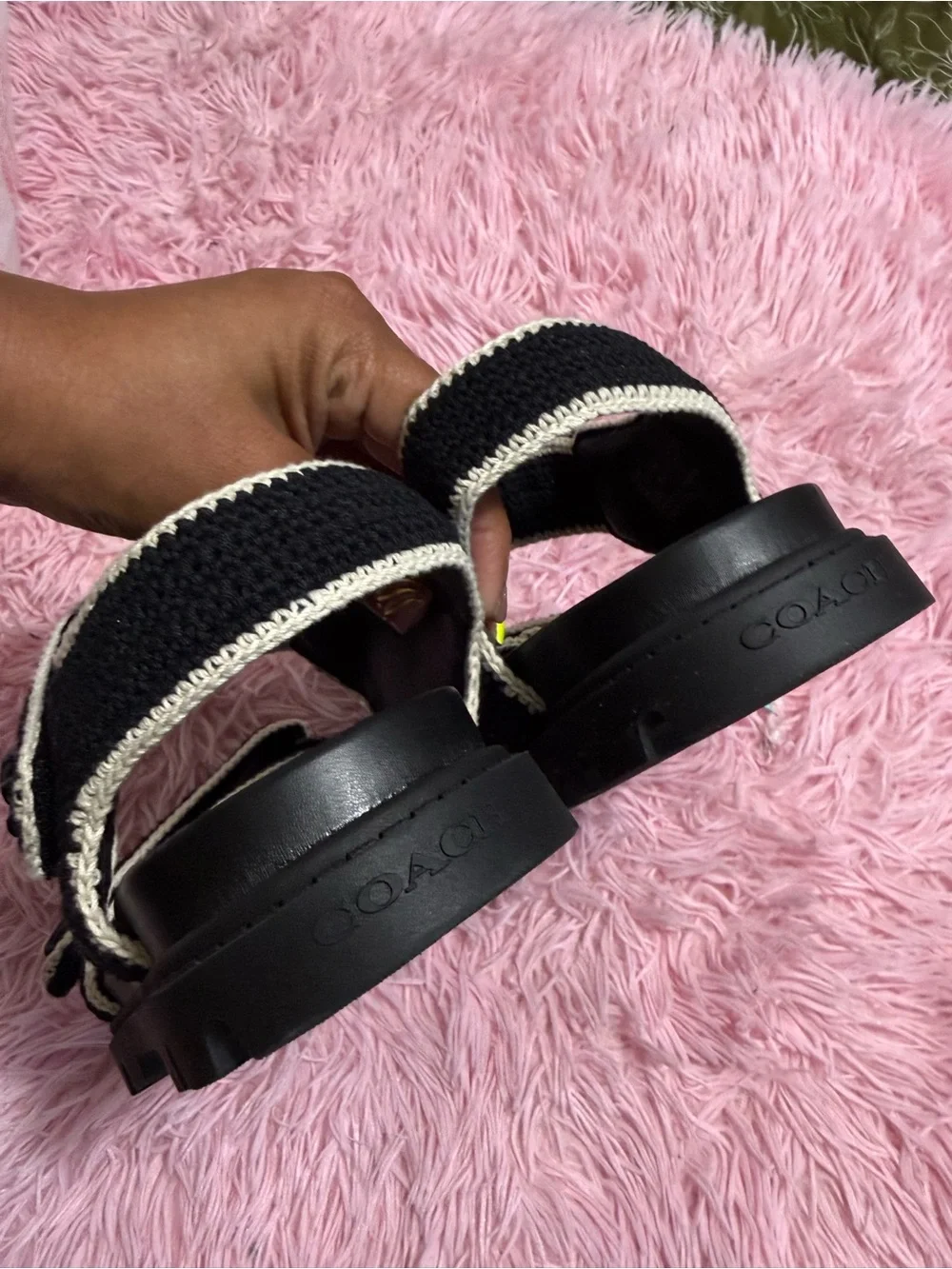 Coach Black Sandals with Cream Crochet Trim